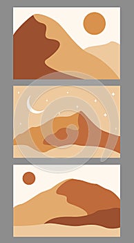 Modern abstract minimalist landscape posters. Desert, sun and moon. Day and night scene. Pastel colors, earth tones. Boho mid-