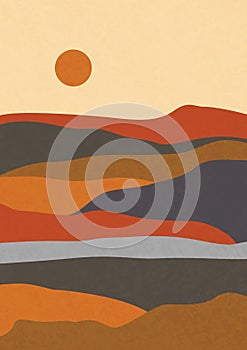 Modern abstract minimalist landscape posters. Desert, sun and moon. Mountains. Pastel colors, earth tones. Boho mid-century prints