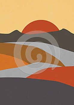 Modern abstract minimalist landscape posters. Desert, sun and moon. Mountains. Pastel colors, earth tones. Boho mid-century prints