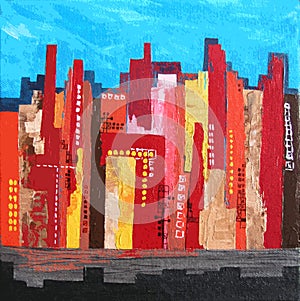 Modern Abstract Painting, Skyline with Red Buildings and Blue Sky