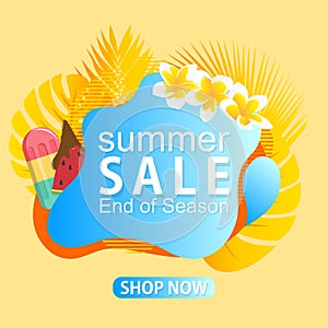 Modern abstract poster design summer sale end of season with tropical leaf frame