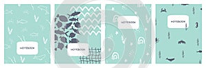 Modern abstract set of blue sea ocean covers designs. Cute simple geometric backgrounds, vector illustrations for notebooks,