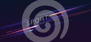 Modern abstract dynamic sport background with neon lights on dark backdrop. Night race advertising. Dynamic cover or