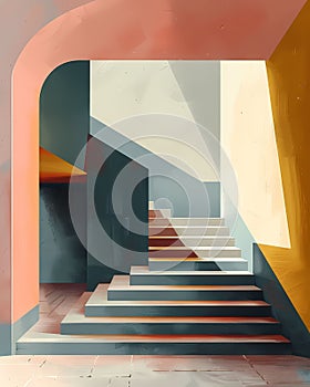 Modern Abstract Staircase Architecture Poster Design, Geometric Shapes, Clean Lines, Vibrant Painting, Art