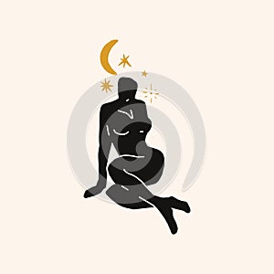 Modern abstract woman silhouette art, moon meditation consept.