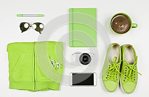 Modern Accessories Flat Lay. Greenery Color 2017