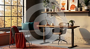 Modern adjustable desk setup in cozy room with window and natural light, work from home