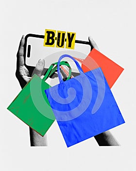 Modern aesthetic artwork. Hands holding smartphone with word buy on screen and colorful shopping bags attached.