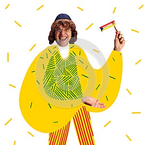 Modern aesthetic artwork. Jewish man expressing joyful in vibrant yellow costume with grogger against background with