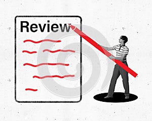 Modern aesthetic artwork. Young man in monochrome filter writing huge red pencil review from purchases. Company or brand