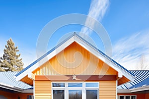 modern aframe with metal roof against blue sky photo