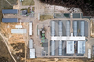 The modern agricultural sector. Top view, autumn. Metal hangars-vegetable stores