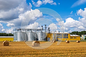 Modern agricultural Silos. Storage and drying of grains, wheat, corn. Grain elevator. Agribusiness concept