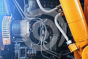 Modern agricultural truck or tractor or harvester engine, close up