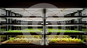 Modern agriculture concept with stacked hydroponic plant growth. Concept of urban agriculture, sustainable farming