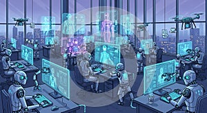 Modern AI Workplace with Drones and Big Data Analytics Network