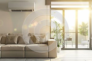 Modern air conditioner in a living room interior with sofa.