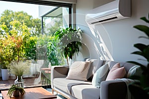 Modern air conditioner on white wall in room with stylish grey sofa and panoramic window on the garden