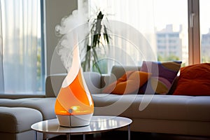 Modern air humidifier sitting on a table in living room