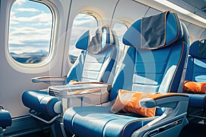 Modern aircraft cabin with comfortable seats in blue tones.