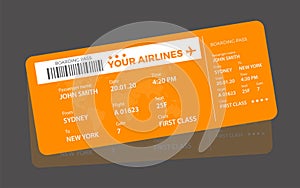 Modern airline ticket design with flight time and passenger name. vector illustration