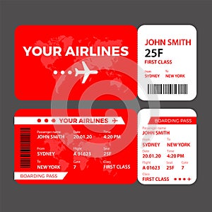 Modern airline ticket design with flight time and passenger name. vector illustration