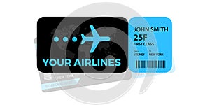 Modern airline ticket design with flight time and passenger name. vector illustration