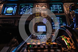 Modern airplane cockpit with illuminated instruments - detail view - during night time flight