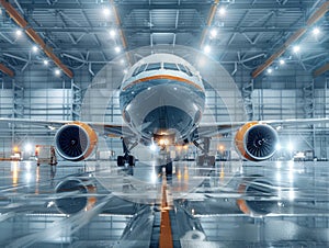 In a modern airplane hangar, a private luxury aircraft gleams under the lights, radiating sophistication and elegance