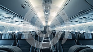 Modern airplanes unoccupied seats promise relaxed journey, showcasing comfort and roominess, Ai Generated photo