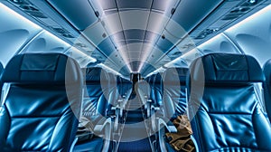 Modern airplanes unoccupied seats promise relaxed journey, showcasing comfort and roominess, Ai Generated photo