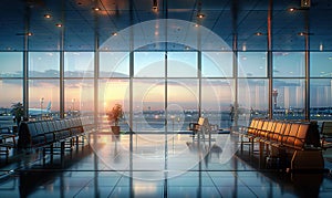 A modern airport terminal with large windows overlooking a sunset and airplanes on the tarmac. Generate AI