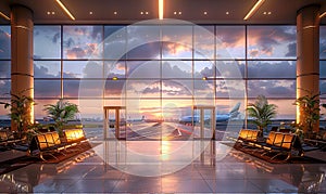 A modern airport terminal with large windows overlooking a sunset and airplanes on the tarmac. Generate AI