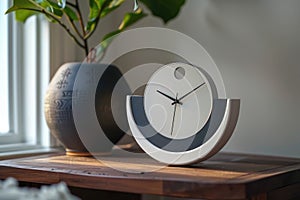 modern alarm clock and houseplant on bedside table. ai generated