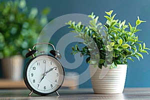 modern alarm clock and houseplant on bedside table. ai generated