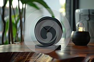 modern alarm clock and houseplant on bedside table. ai generated