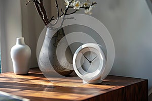 modern alarm clock and houseplant on bedside table. ai generated