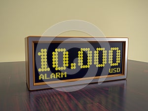 Modern alarm clock showing 10000 USD sum