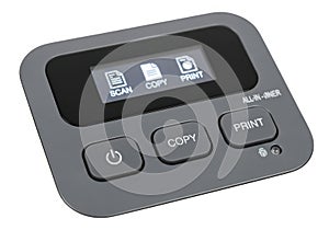 Modern all-in-one printer control panel showcasing scan, copy, print