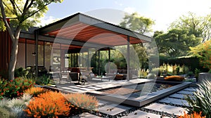 Modern Aluminum Pergola with Wood Purlin Sketch over Patio and Pool Vibrant Painting Art photo