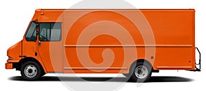 Modern American cargo minibus orange color side view.