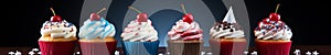 Modern american cupcakes with fruit decoration on a black background