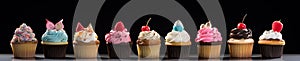 Modern american cupcakes with fruit decoration on a black background