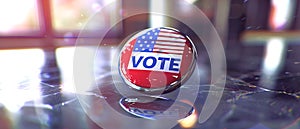 Modern American election badge with VOTE text and American flag design. Blurred background. Copy space. Concept of