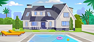 Modern American house with a swimming pool in the backyard. Cartoon illustration