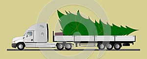 A modern American semi-trailer truck transports a Christmas tree for Christmas and New Years. Vector