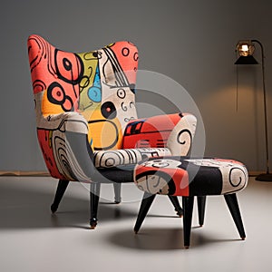 Modern American Stool Armchair With Patterned Colored Leg Rests photo