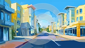 Modern American walkable neighbourhood street architectural illustration painting. Generative AI