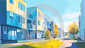 Modern American walkable neighbourhood street architectural illustration painting. Generative AI