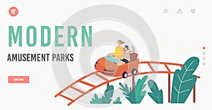 Modern Amusement Park Landing Page Template. Mother and Son Characters Riding Roller Coaster, Family Extreme Recreation